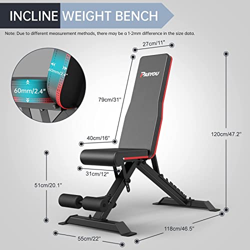 PASYOU Adjustable Weight Bench Press 9x4x3 Positions, Foldable W...