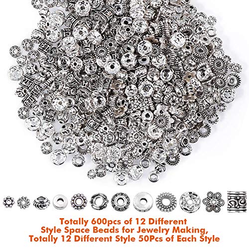 Paxcoo 600pcs 12 Style Silver Spacer Beads Jewelry Bead Charm Spac...