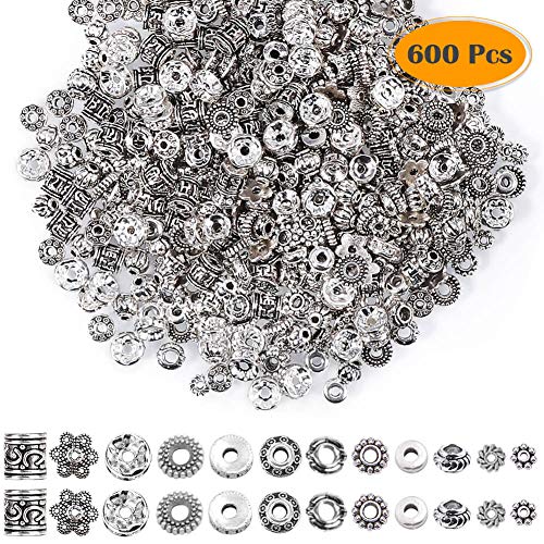 Paxcoo 600pcs 12 Style Silver Spacer Beads Jewelry Bead Charm Spac...