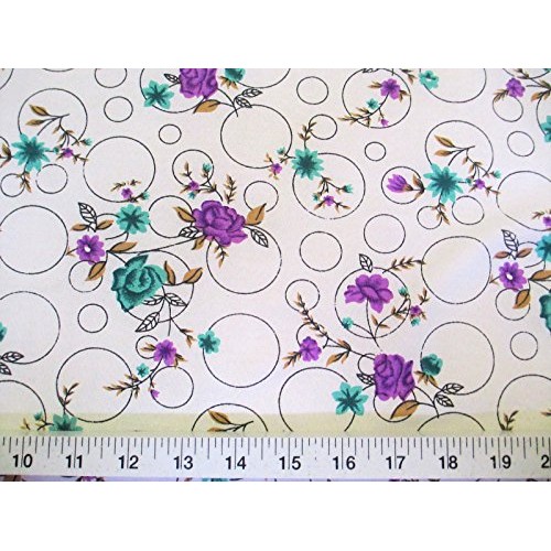Discount Fabric Challis Rayon Purple & Teal Floral on Bubbles 2 yd...