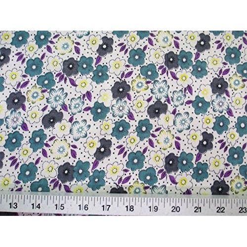 Discount Fabric Challis Rayon Teal, Gray and Yellow Floral 2 yds @...