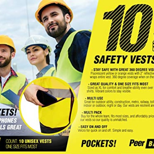 PeerBasics, Pocket Safety Vest 10 Pack, Yellow Reflective High Vis...