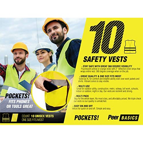 PeerBasics, Pocket Safety Vest 10 Pack, Yellow Reflective High Vis...