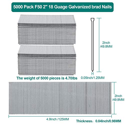 5000 Pack F50 2 18 Guage Galvanized brad Nails, Heavy Duty Narrow...