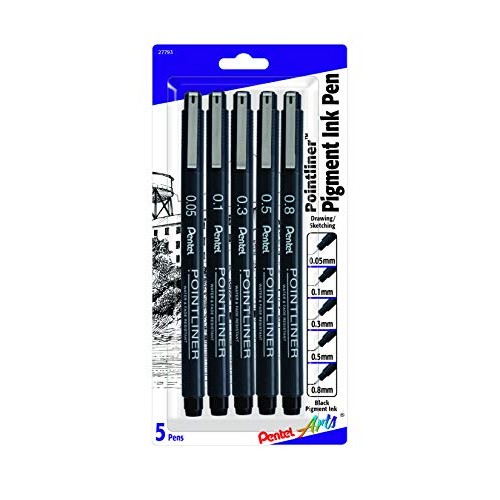 Pentel Arts Pointliner Drawing Pen, 5-Pack, Assorted Sizes, Black ...