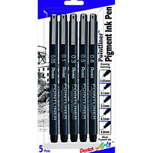Pentel Arts Pointliner Drawing Pen, 5-Pack, Assorted Sizes, Black ...