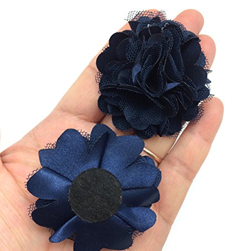 PEPPERLONELY 10PC Set Navy Lace Chiffon Peony Fabric Flowers, 2 Inch