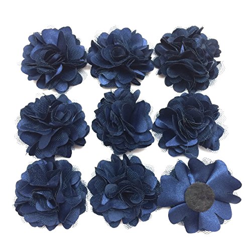 PEPPERLONELY 10PC Set Navy Lace Chiffon Peony Fabric Flowers, 2 Inch