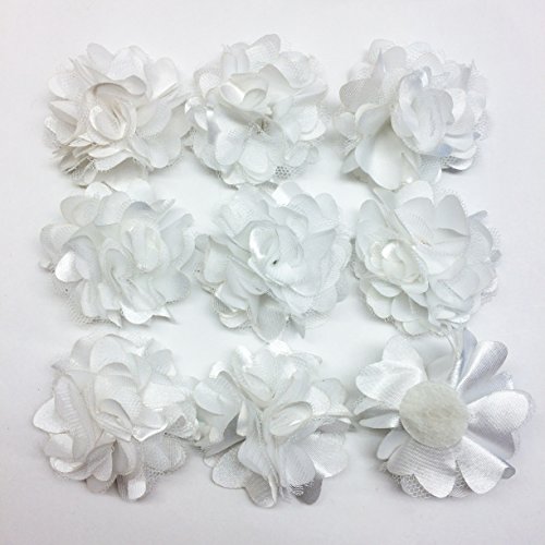 PEPPERLONELY 10PC Set White Lace Chiffon Peony Fabric Flowers, 2 Inch