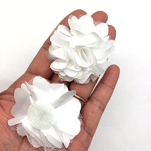 PEPPERLONELY 10PC Set White Lace Chiffon Peony Fabric Flowers, 2 Inch