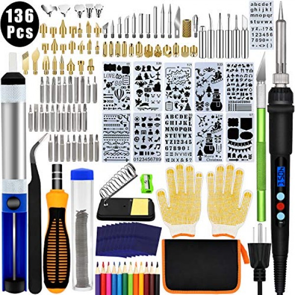 137PCS Wood Burning Kit PETUOL DIY Creative Tool Set Soldering Pyrography Pen with Adjustable Temperature and Wood Piece for Embossing Carving Tips 