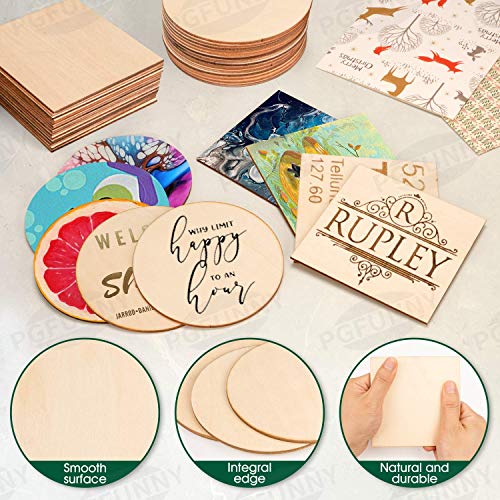 PGFUNNY 100 Pieces Unfinished Wood Pieces 4 x 4 Squares Round Wo...