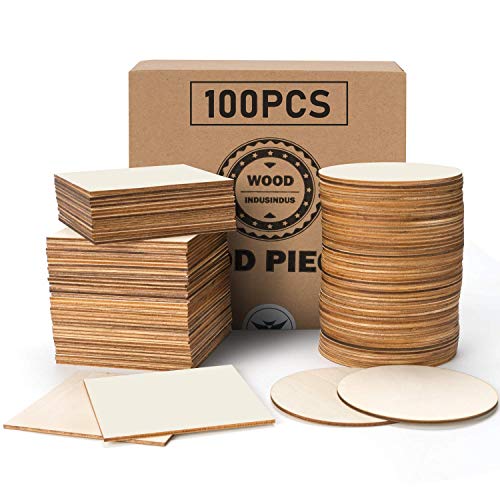 PGFUNNY 100 Pieces Unfinished Wood Pieces 4 x 4 Squares Round Wo...