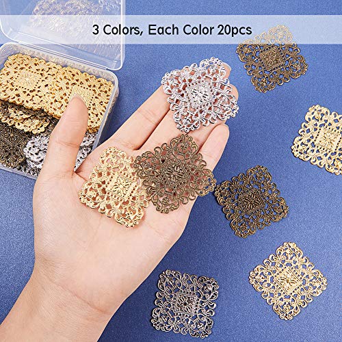 PandaHall Elite 60pcs 3 Colors 51mm2 inch Square Iron Filigree C...