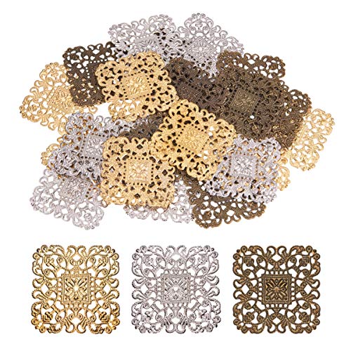 PandaHall Elite 60pcs 3 Colors 51mm2 inch Square Iron Filigree C...