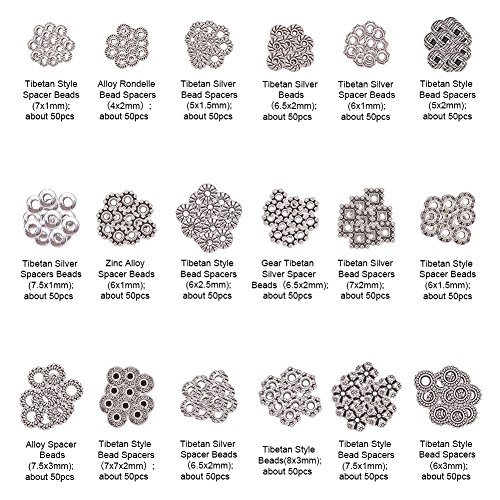 PH PandaHal 900pcs 18 Style Antique Silver Spacer Beads Tibetan Al...