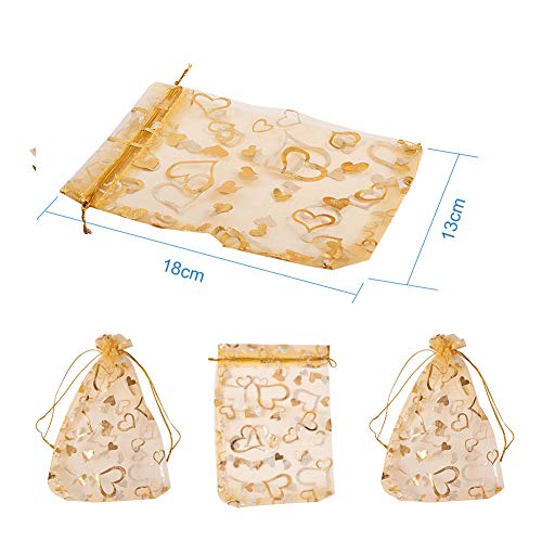 PH PandaHall 100pcs 5x7 Inches Heart Printed Goldenrod Organza Bag...