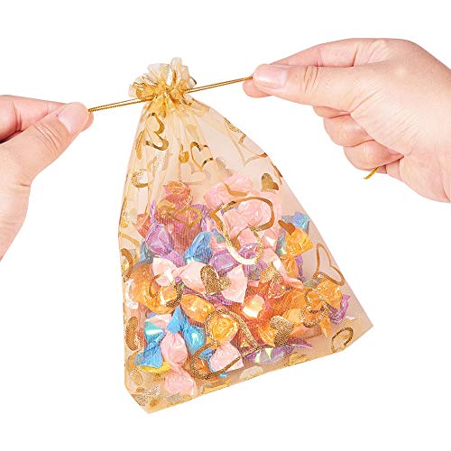PH PandaHall 100pcs 5x7 Inches Heart Printed Goldenrod Organza Bag...