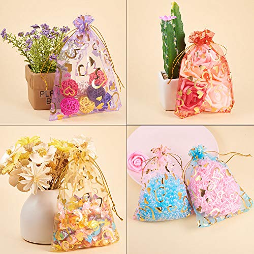PH PandaHall 100pcs 5x7 Inches Heart Printed Goldenrod Organza Bag...