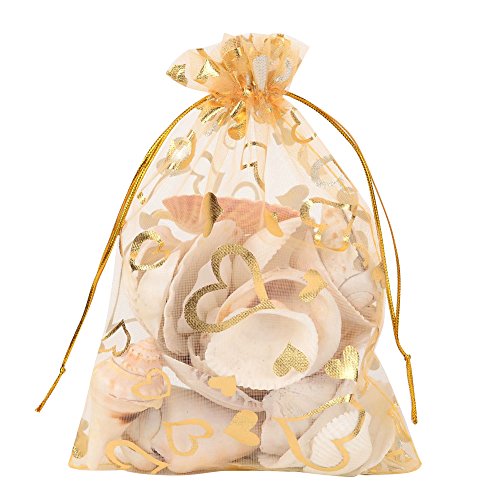 PH PandaHall 100pcs 5x7 Inches Heart Printed Goldenrod Organza Bag...