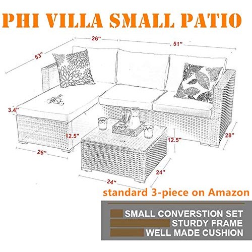 PHI VILLA Outdoor Rattan Sectional Sofa- Small Patio Wicker Furnit...