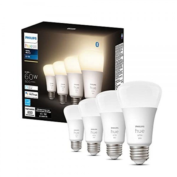 Philips Hue 476977 A19 Smart Light Bulb, 4 Pack, White, 4 Count