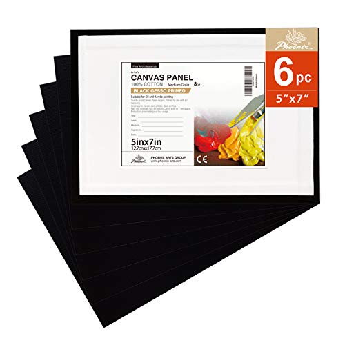 PHOENIX Black Painting Canvas Panel Boards - 5x7 Inch/6 Pack - 1/8...