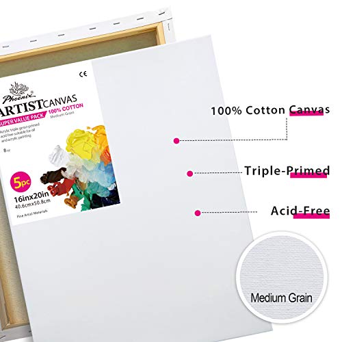PHOENIX Pre Stretched Canvas for Painting - 16x20 Inch / 5 Pack - ...