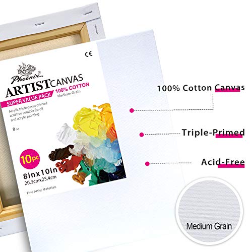 PHOENIX Pre Stretched Canvas for Painting - 8x10 Inch / 10 Pack - ...