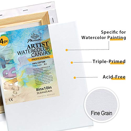 PHOENIX Stretched Watercolor Canvas - 8x10 Inch/4 Pack - 3/4 Inch ...
