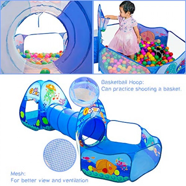 3 In 1 Kids Play Tent with Play Tunnel, Ball Pit, Basketball Hoop ...