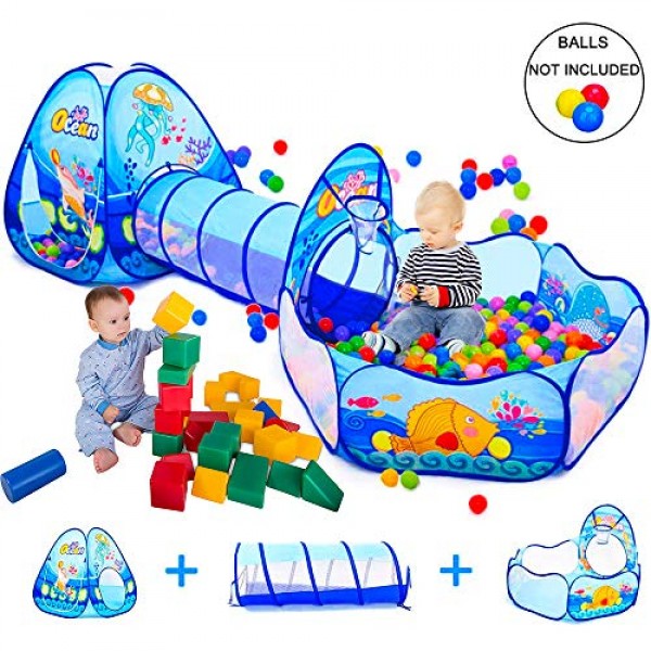 3 In 1 Kids Play Tent with Play Tunnel, Ball Pit, Basketball Hoop ...