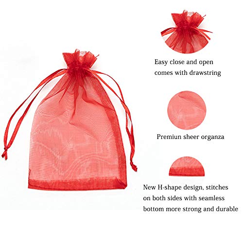 100 Pc 5x7 inch Gift Wrap Bags Red,Organza Sheer Fabric,Drawstring...