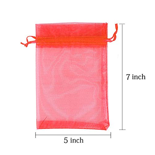 100 Pc 5x7 inch Gift Wrap Bags Red,Organza Sheer Fabric,Drawstring...