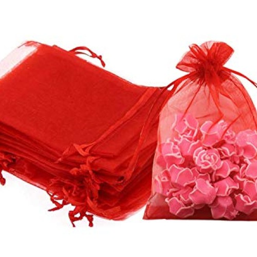 100 Pc 5x7 inch Gift Wrap Bags Red,Organza Sheer Fabric,Drawstring...