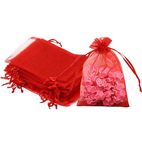 100 Pc 5x7 inch Gift Wrap Bags Red,Organza Sheer Fabric,Drawstring...