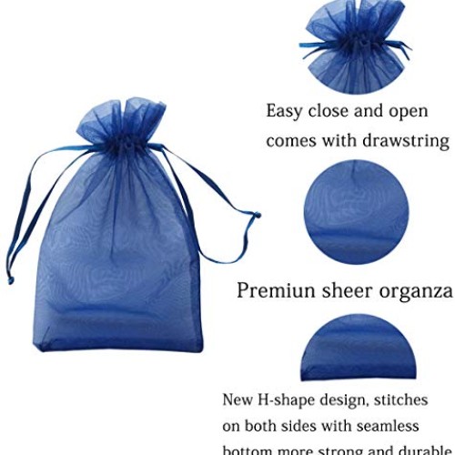 50 Pc 4x6 inch Gift Wrap Bags Navy Blue,Organza Sheer Fabric,Draws...