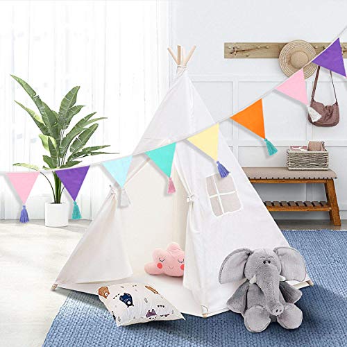 12Pcs/13Ft Fabric Triangle Flags Cotton Tassel Banner, Colored Bun...