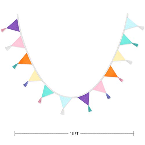 12Pcs/13Ft Fabric Triangle Flags Cotton Tassel Banner, Colored Bun...