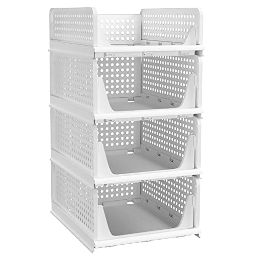 Pinkpum Stackable Plastic Storage Basket-Foldable Closet Organizer...