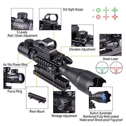 Pinty Rifle Scope 4-16X50 Illuminated Optics Sight Green Laser, Re...