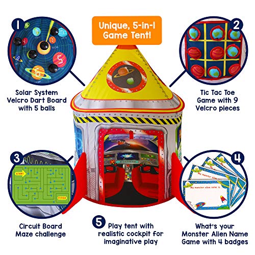 Playz 5-in-1 Rocket Ship Play Tent for Kids with Dart Board, Tic T...