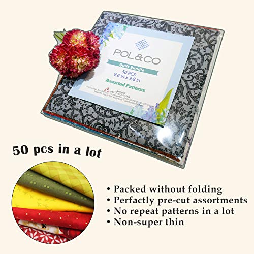 POL&CO 50pcs 9.8 x 9.8 Cotton Fabric Squares Bundle – 100% Cotto...