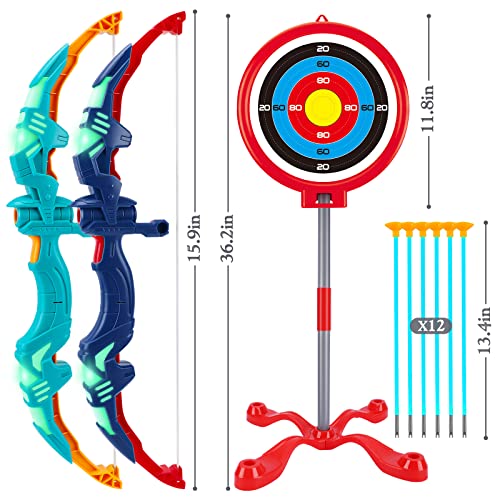 2 Pack Bow and Arrow for Kids, Light Up Archery Toy Set with 12 Su...