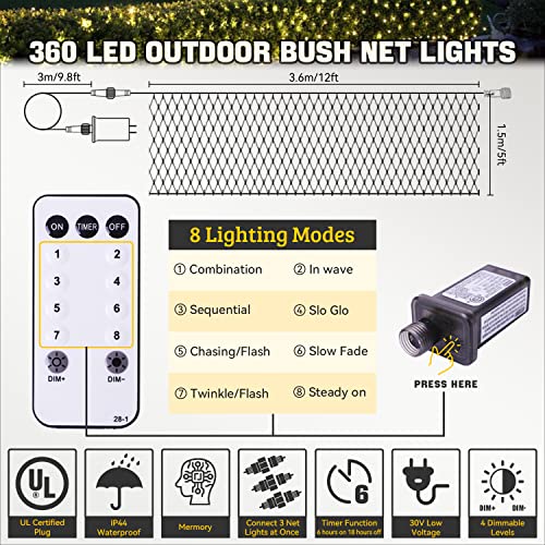 POTIVE 360 LED 12ft x 5ft Net Lights, Net Lights Outdoor Mesh Ligh...