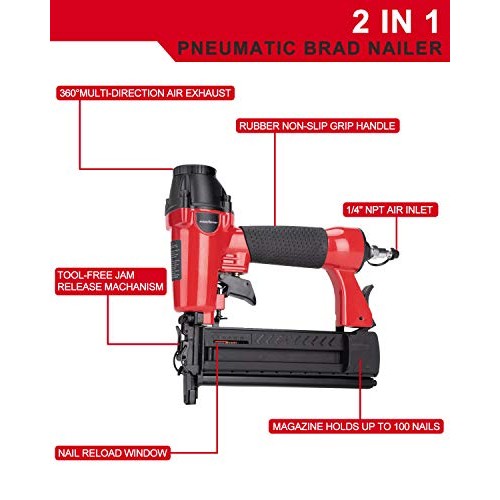 POWERSMART Brad Nailer, Pneumatic 2-in-1 Brad Nailer 18-Gauge Comp...