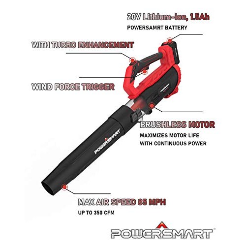 PowerSmart Leaf Blower, 20V MAX Lithium 350CFM Cordless Leaf Blowe...