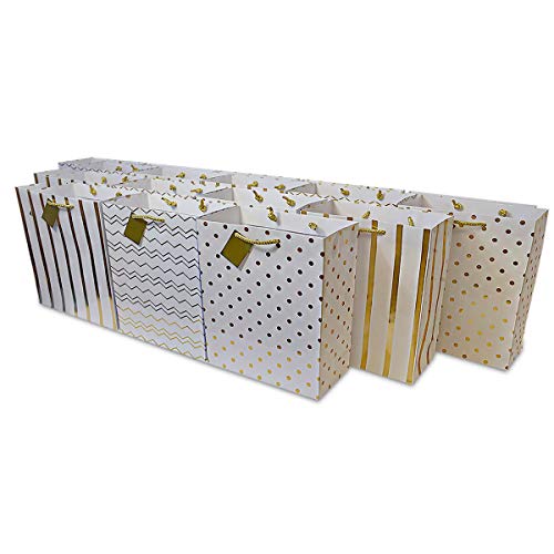 6x7.5x3 12 Pcs. Metallic Gold Paper Gift Bags with Handles, Chevr...