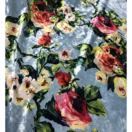 Blue with Roses Floral - Stretch Polyester Velvet Fabric