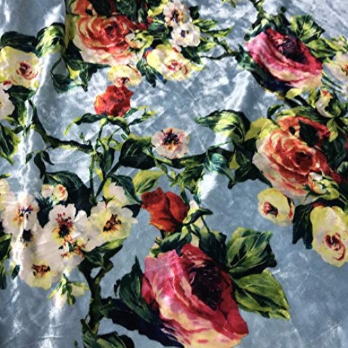 Blue with Roses Floral - Stretch Polyester Velvet Fabric